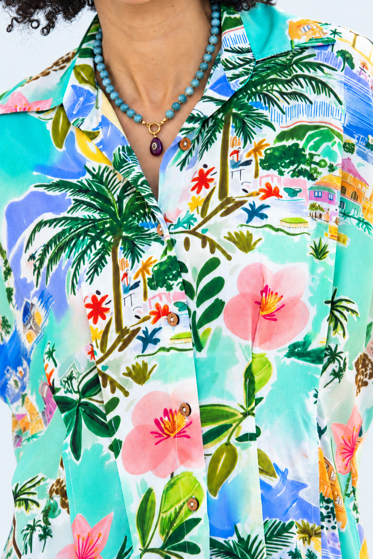 Quinn mint lemon dress, close up of shirt collar and wooden buttons