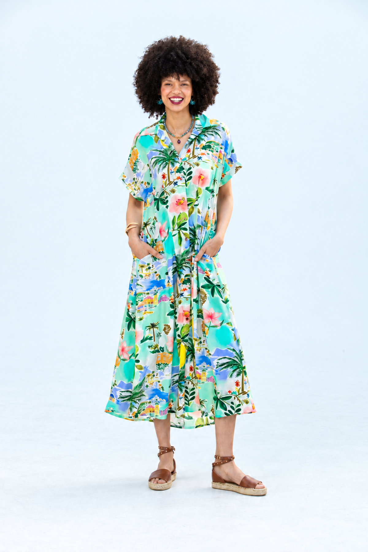 Quinn mint lemon dress, front view full length with hands in side pockets