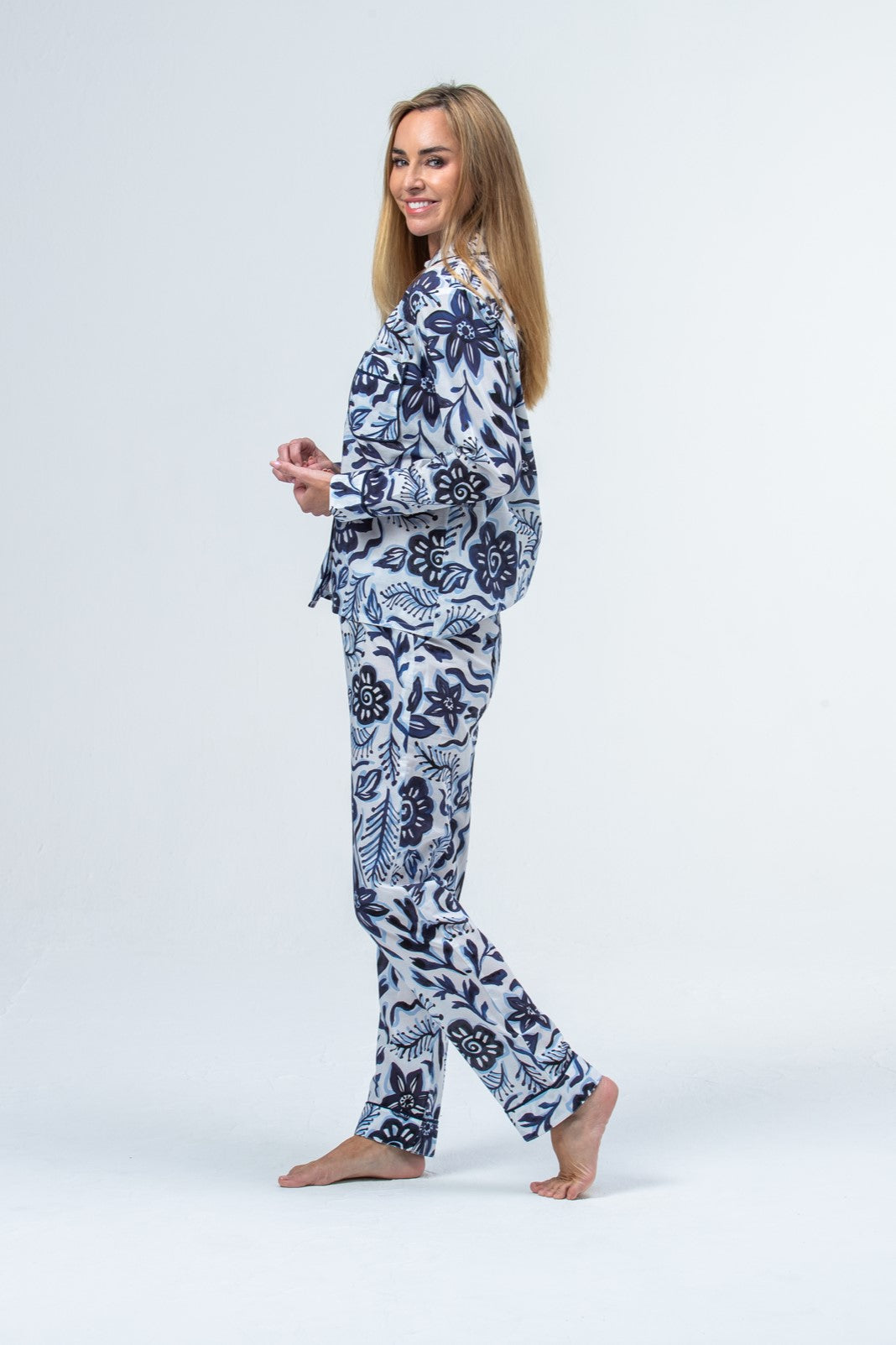 Long Cotton Pyjama Set -Blue and white