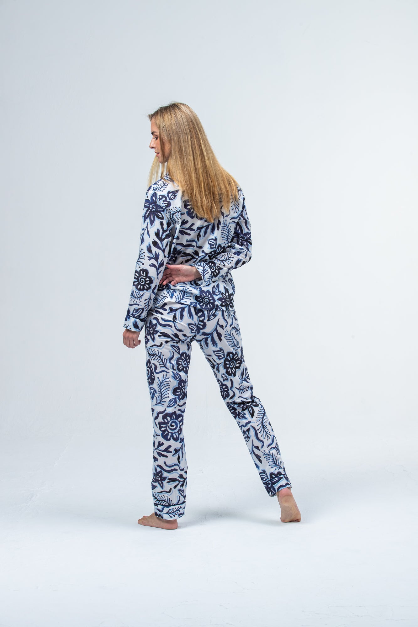 Long Cotton Pyjama Set -Blue and white