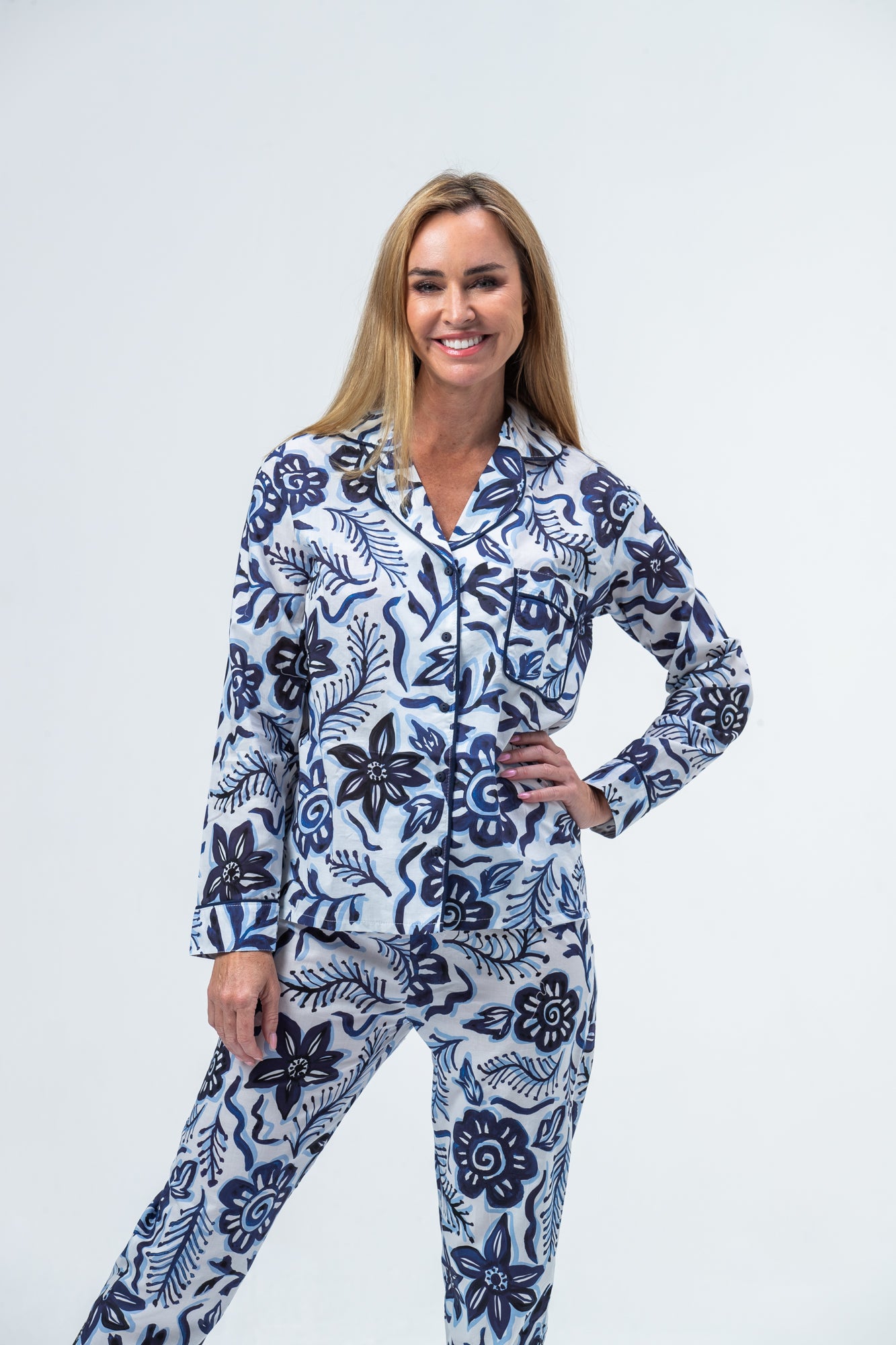 Long Cotton Pyjama Set -Blue and white