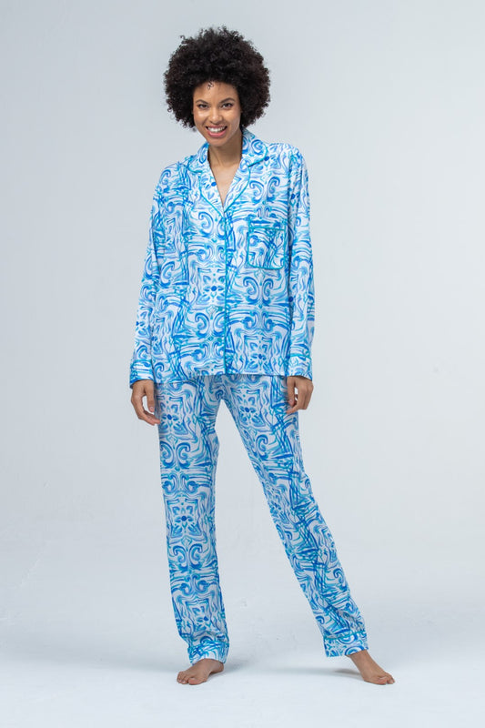 Long Cotton Pyjama Set - Turquoise and White