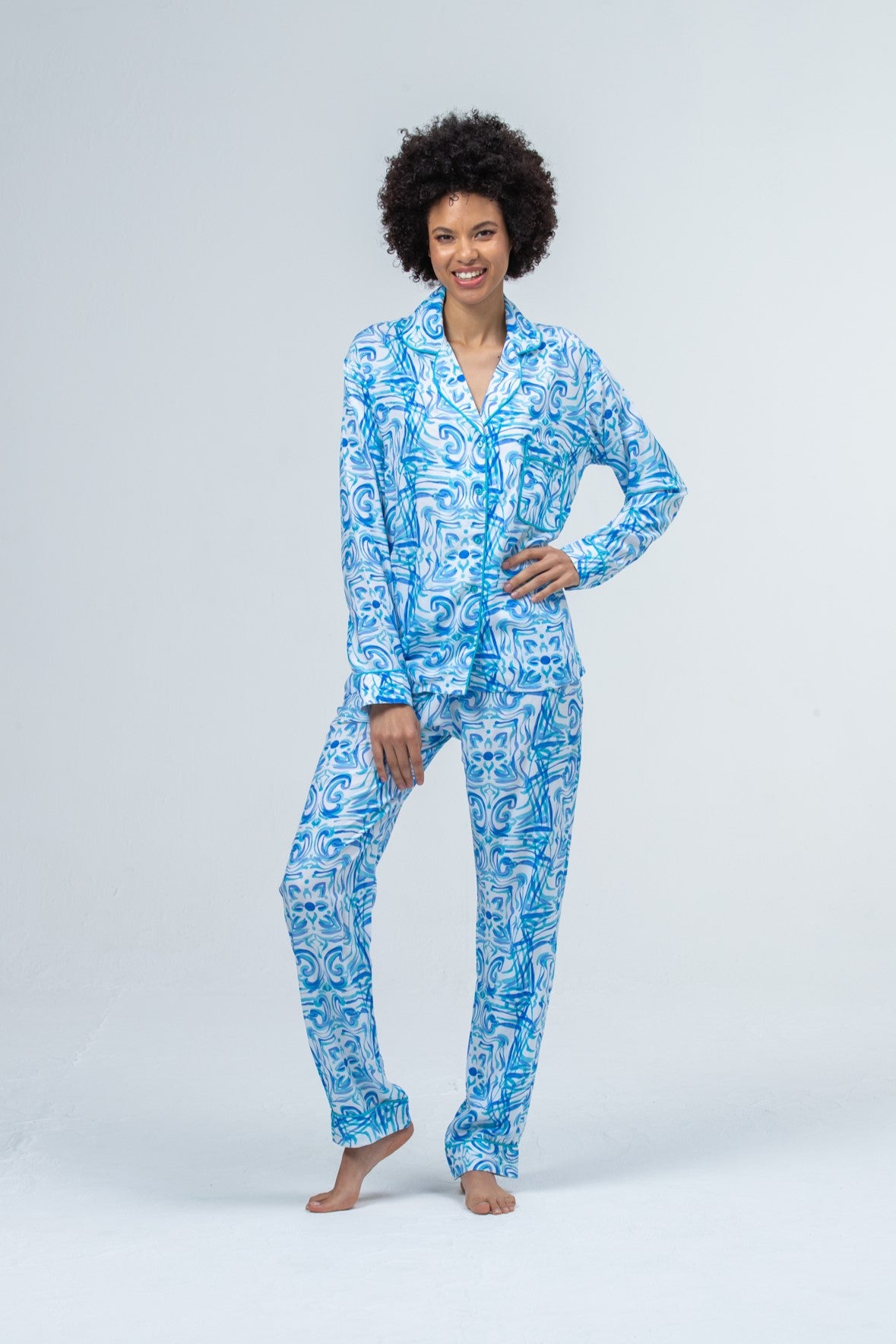 Long Pyjama Set - Turquoise and White