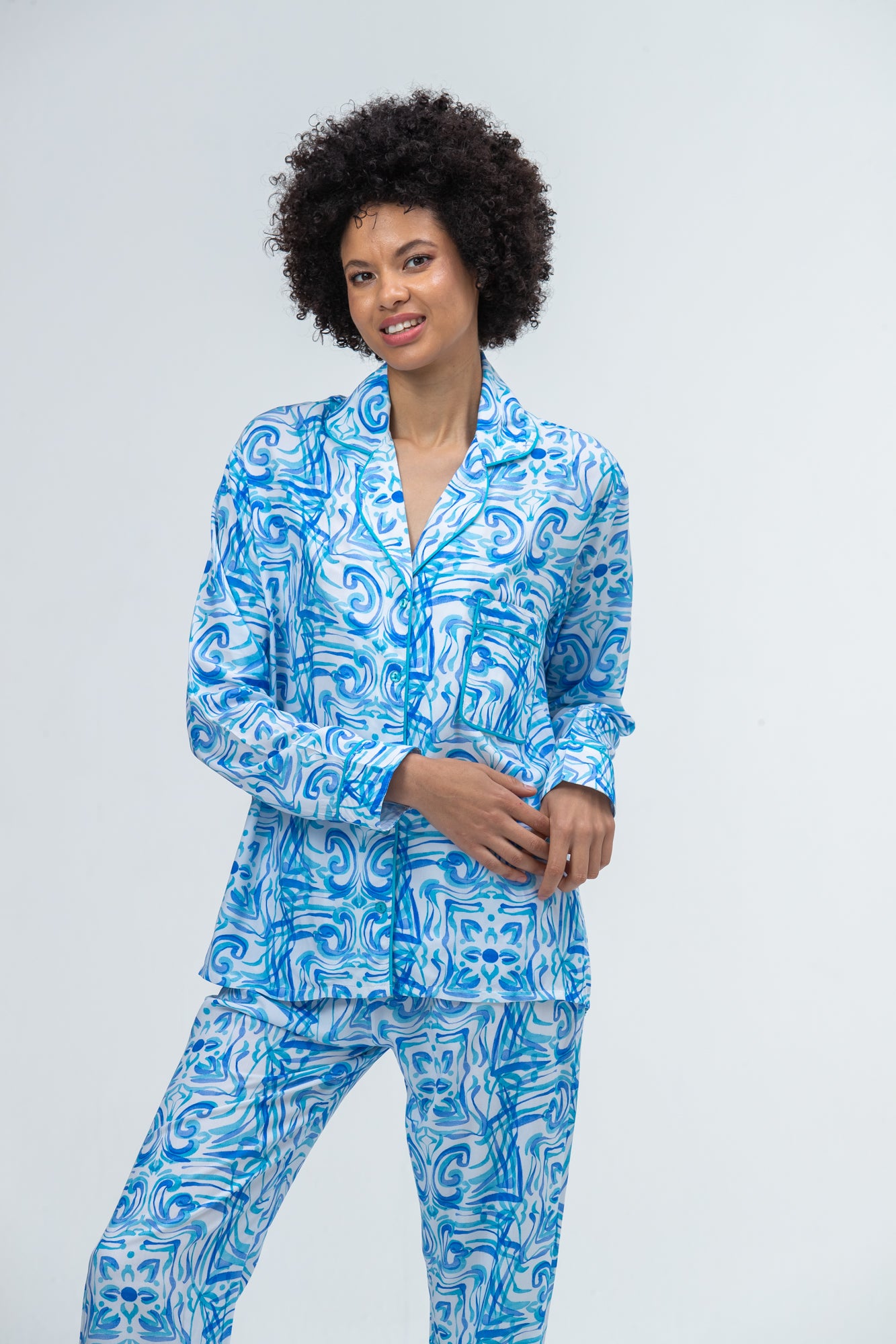 Long Pyjama Set - Turquoise and White