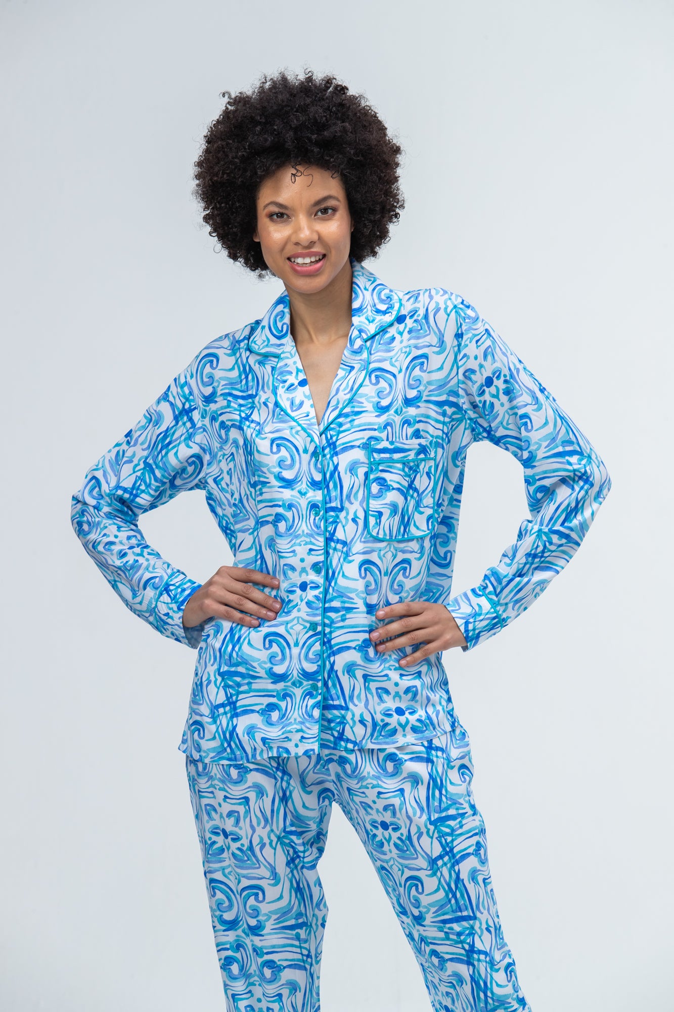 Long Pyjama Set - Turquoise and White