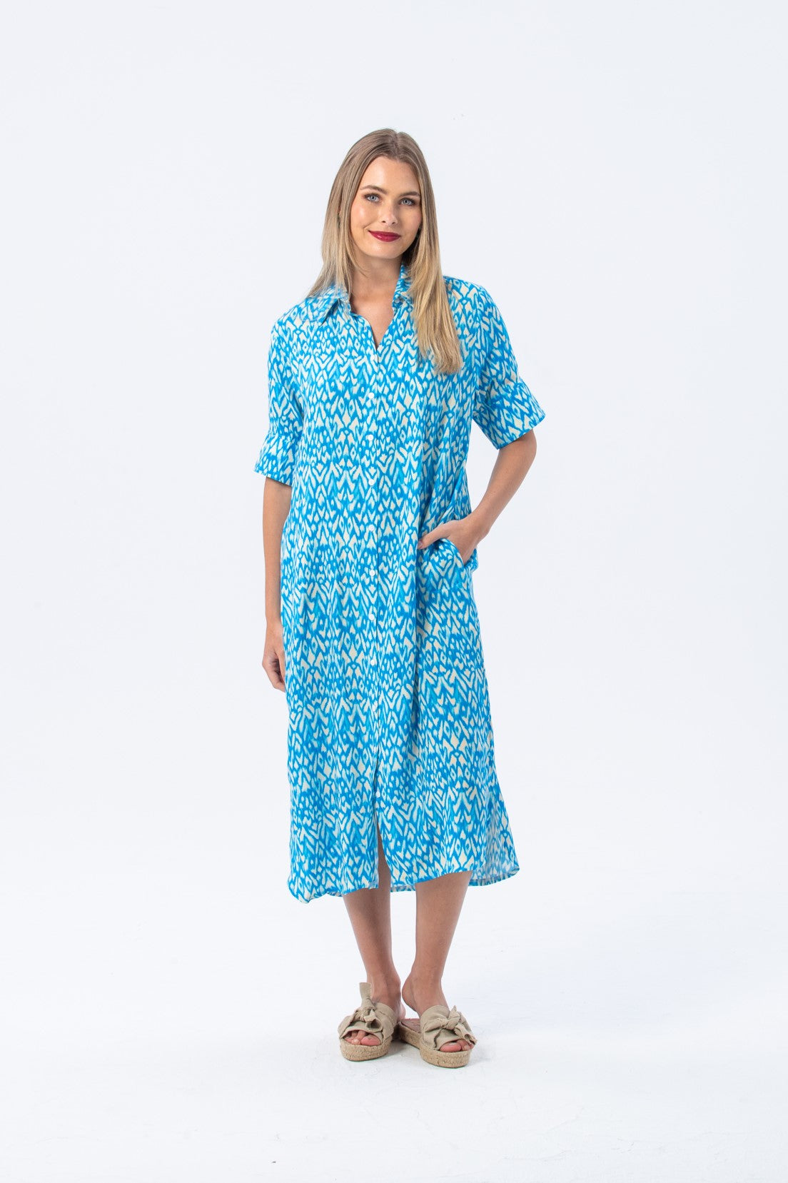 Tahiti Shirt Dress - Turquoise and White