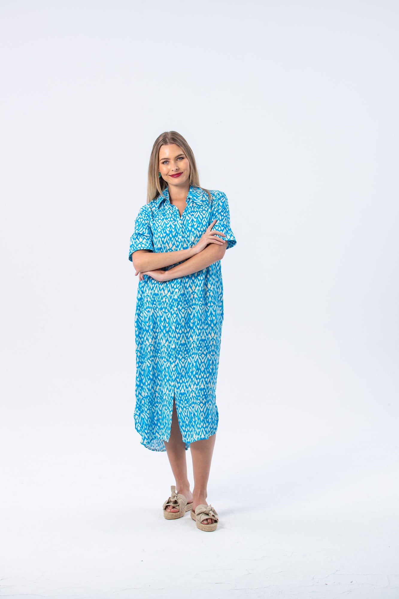 Tahiti Shirt Dress - Turquoise and White