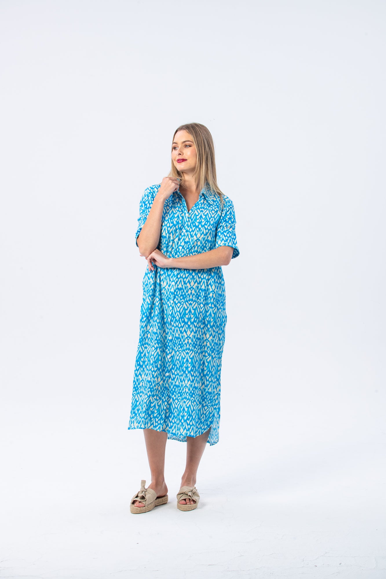 Tahiti Shirt Dress - Turquoise and White