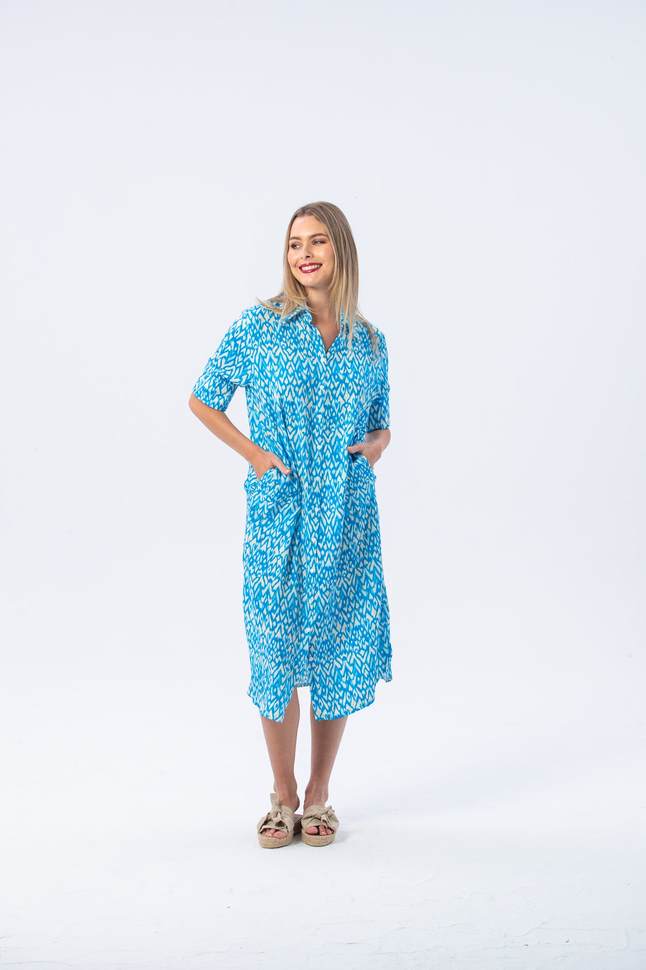 Tahiti Shirt Dress - Turquoise and White