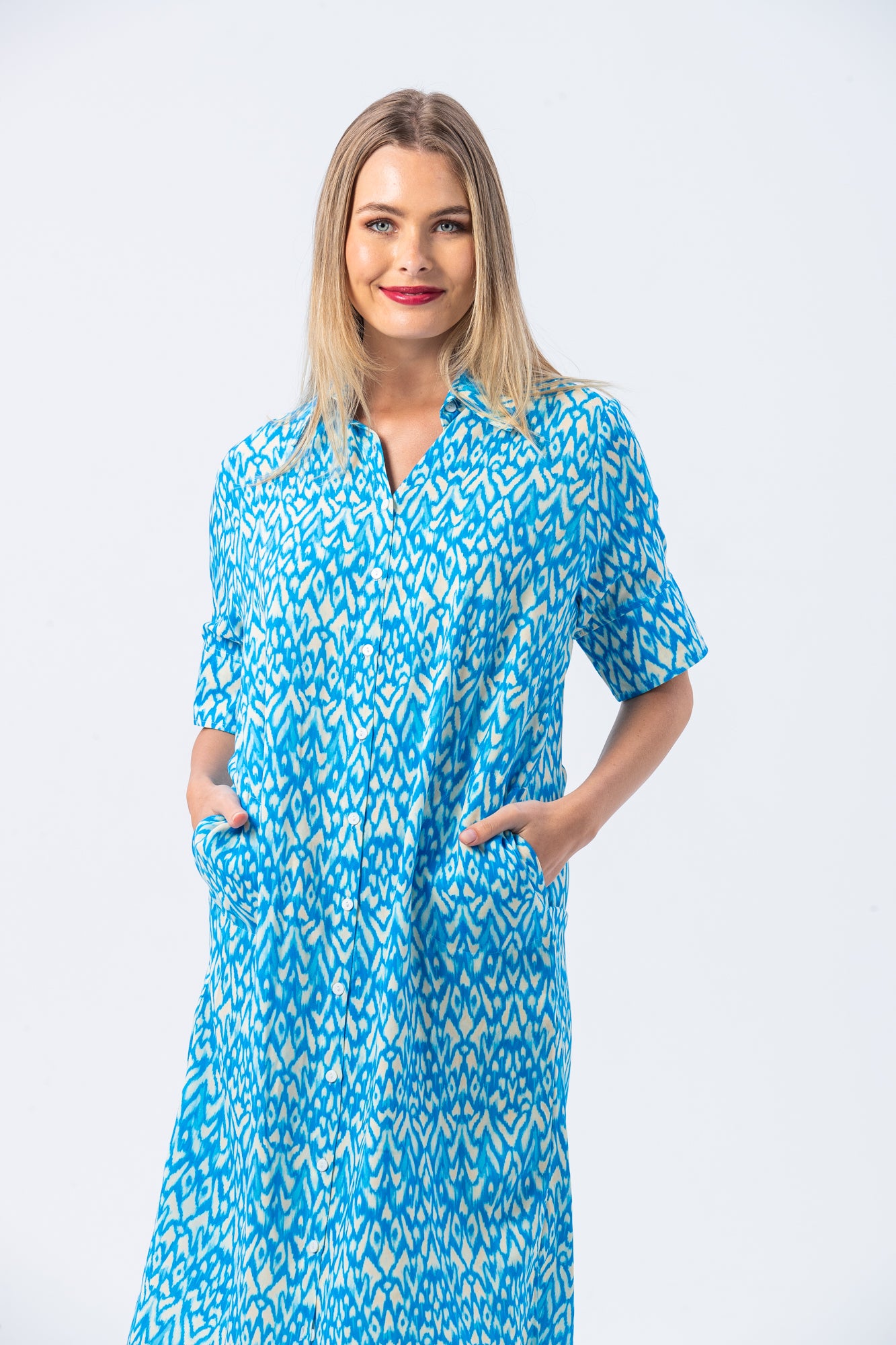 Tahiti Shirt Dress - Turquoise and White