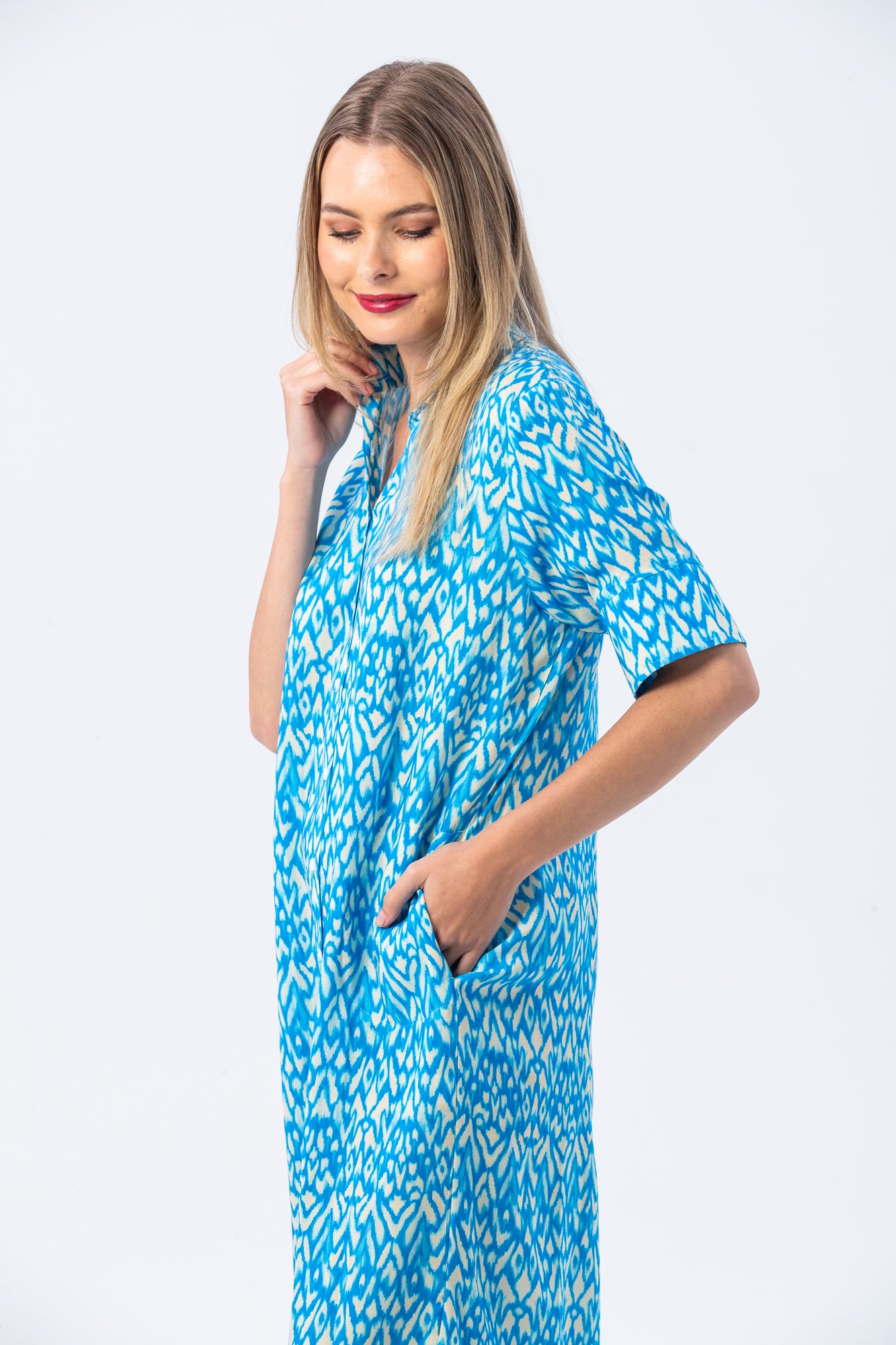 Tahiti Shirt Dress - Turquoise and White