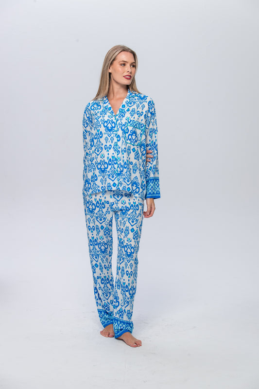 Long Pyjama Set - Turquoise and White