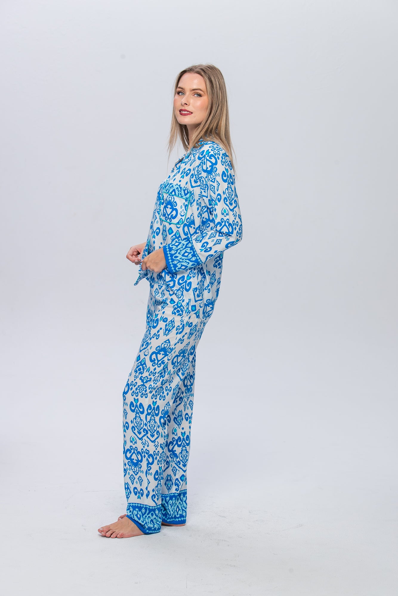 Long Pyjama Set - Turquoise and White