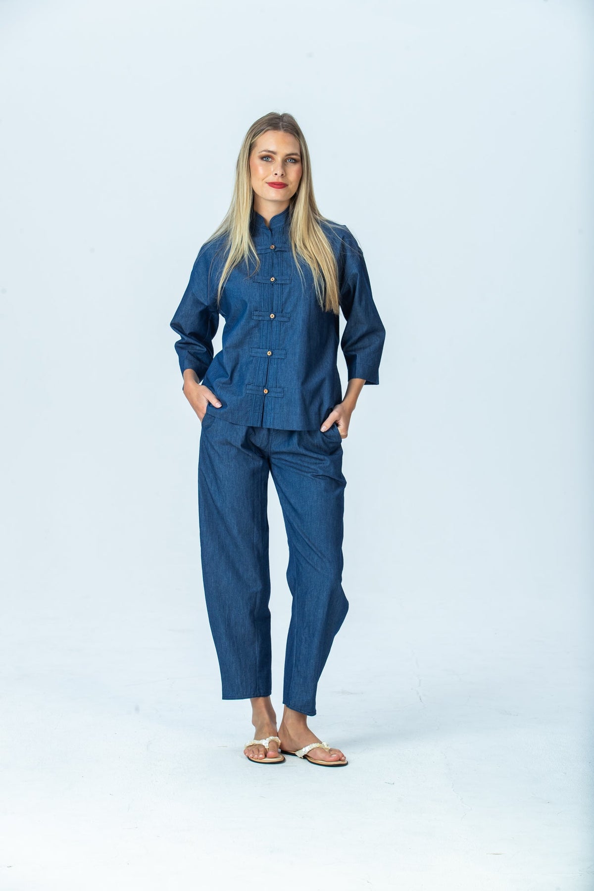 Kinsley denim kaftan-style shirt, front view full length with matching Parker barrel pants