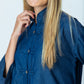 Kinsley denim kaftan-style shirt, close up of mandarin collar and frog fastenings