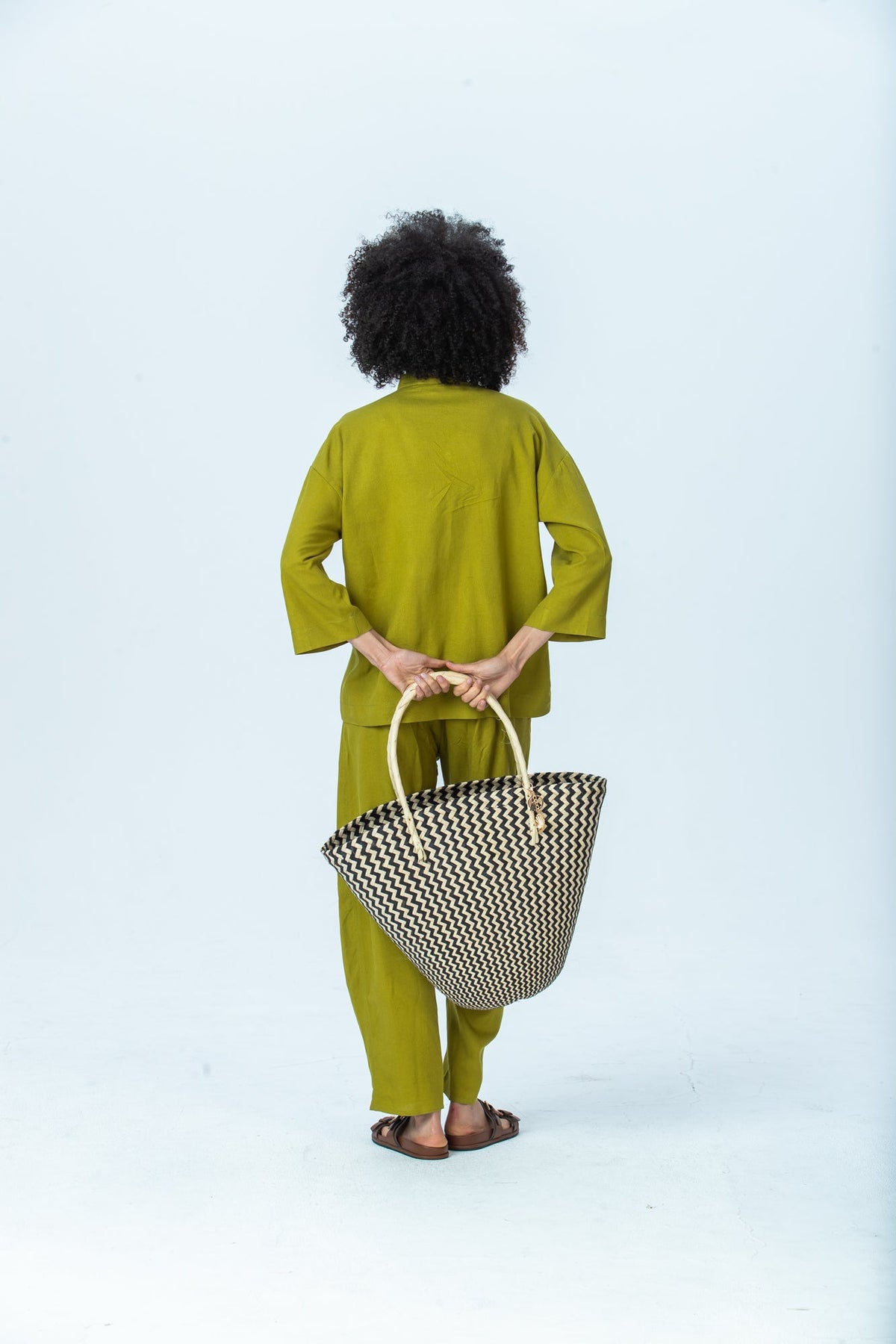 Parker chartreuse barrel pants, back view full length with matching Kinsley shirt