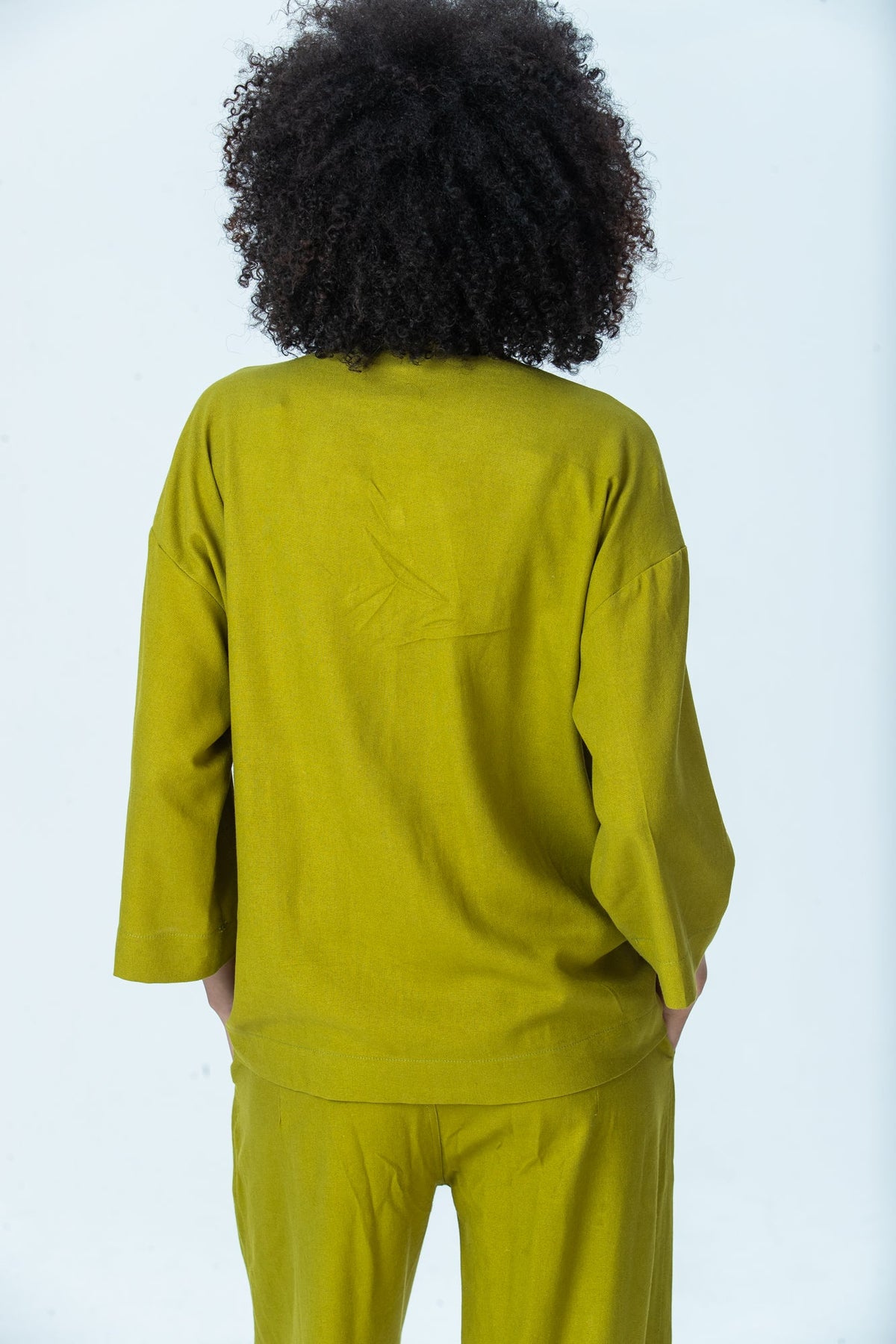 Kinsley chartreuse kaftan-style shirt, back view