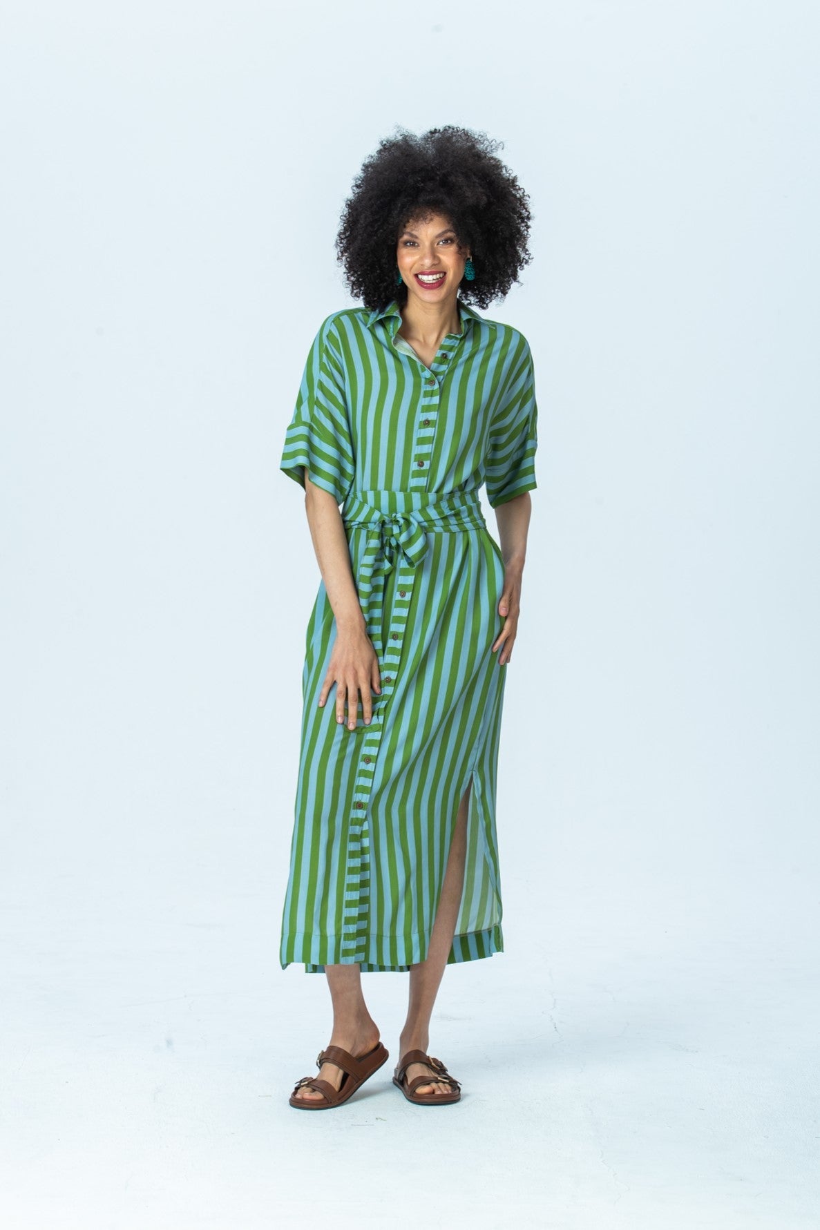 Hollis blue green stripe shirt dress, front view full length showing side slit