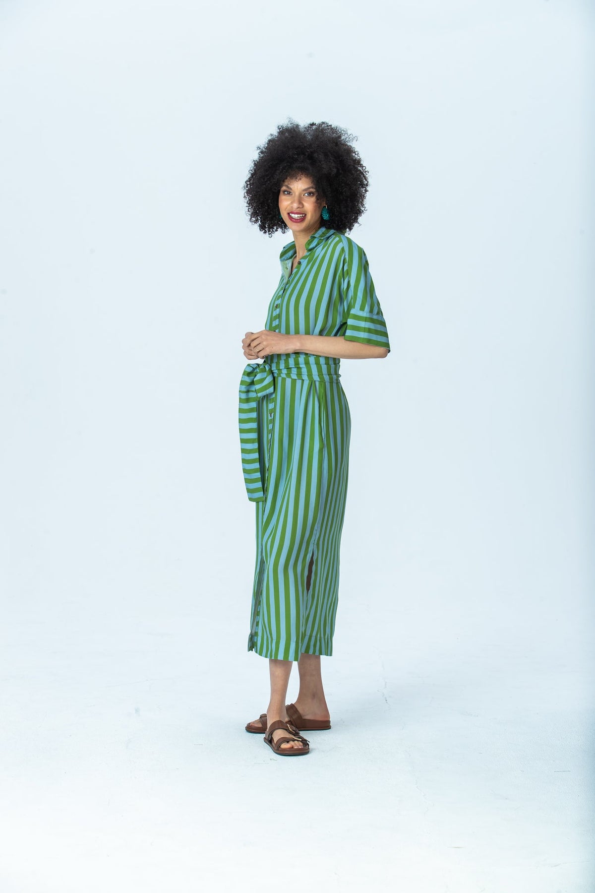 Hollis blue green stripe shirt dress, three-quarter view full length