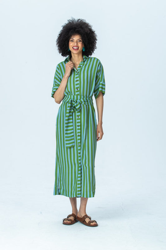 Hollis blue green stripe shirt dress, front view full length with hand at collar