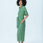 Hollis blue green stripe shirt dress, side profile full length with hand in pocket