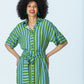 Hollis blue green stripe shirt dress, front view with hands on hips