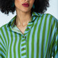 Hollis blue green stripe shirt dress, close up of collar and button placket