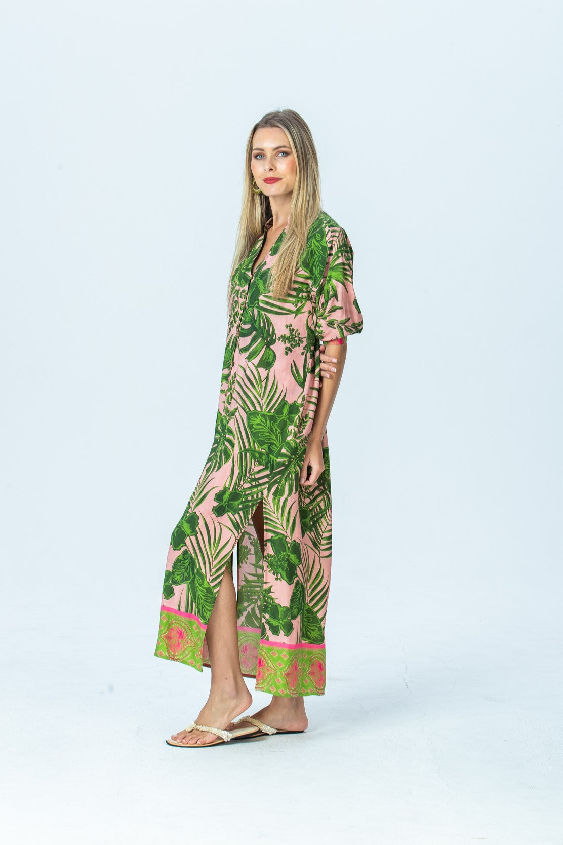 Bailey pink tropical kaftan, side view full length showing the side slit