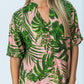 Bailey pink tropical kaftan, close up of stand collar and wooden buttons