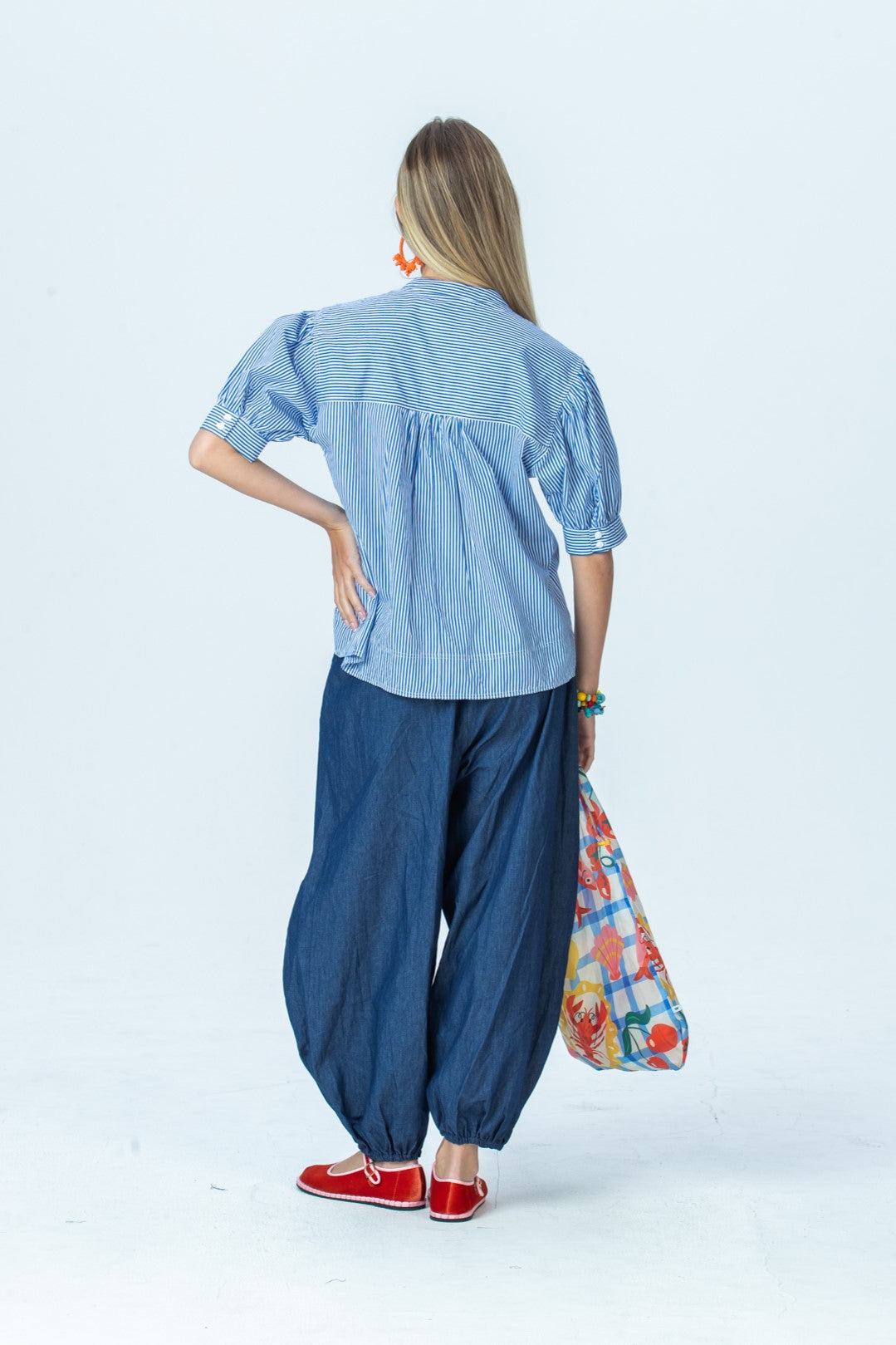Tatum blue stripe shirt, back view full length showing gathered back yoke