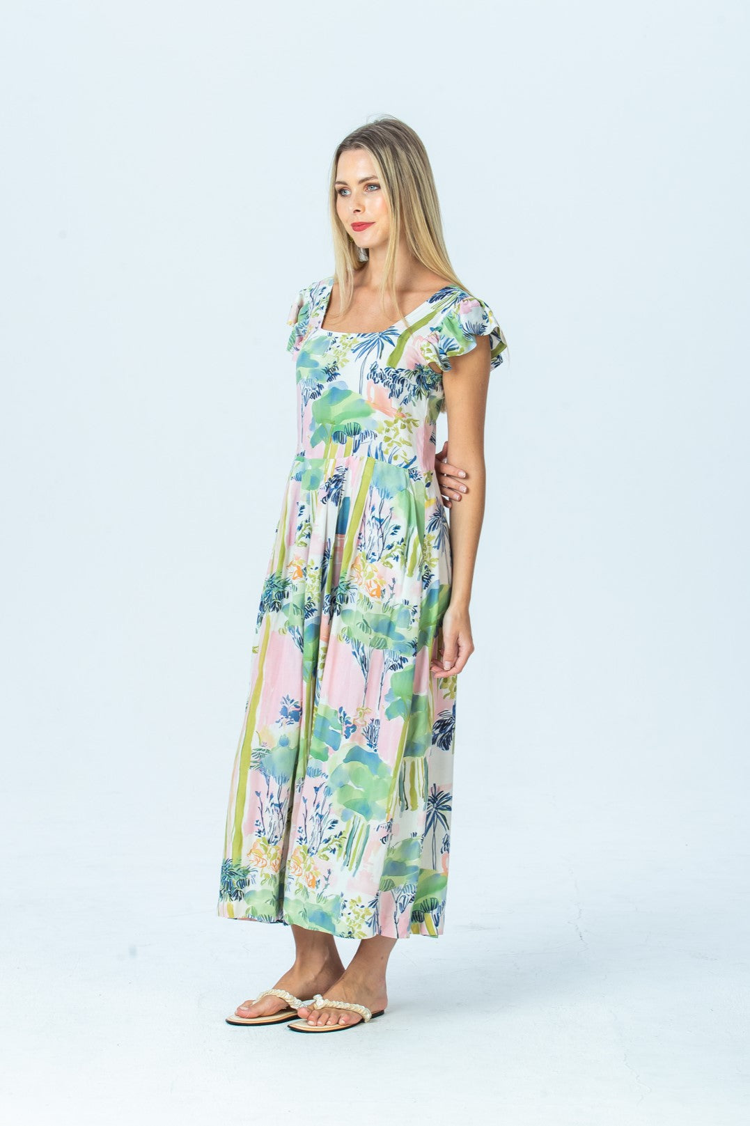 Sienna watercolour palm sundress, side view full length