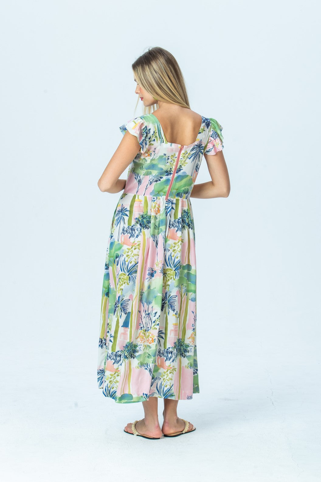 Sienna watercolour palm sundress, back view full length showing back zip