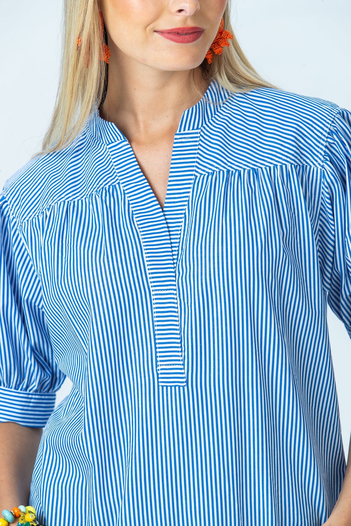 Tatum blue stripe mandarin collar shirt, close up of collar and open V placket