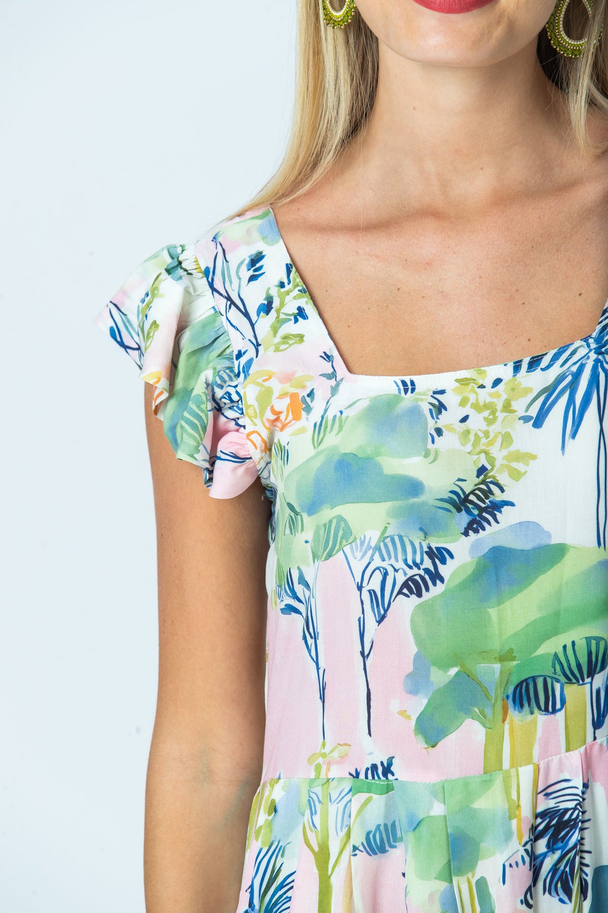 Sienna watercolour palm sundress, close up of flutter sleeve and neckline