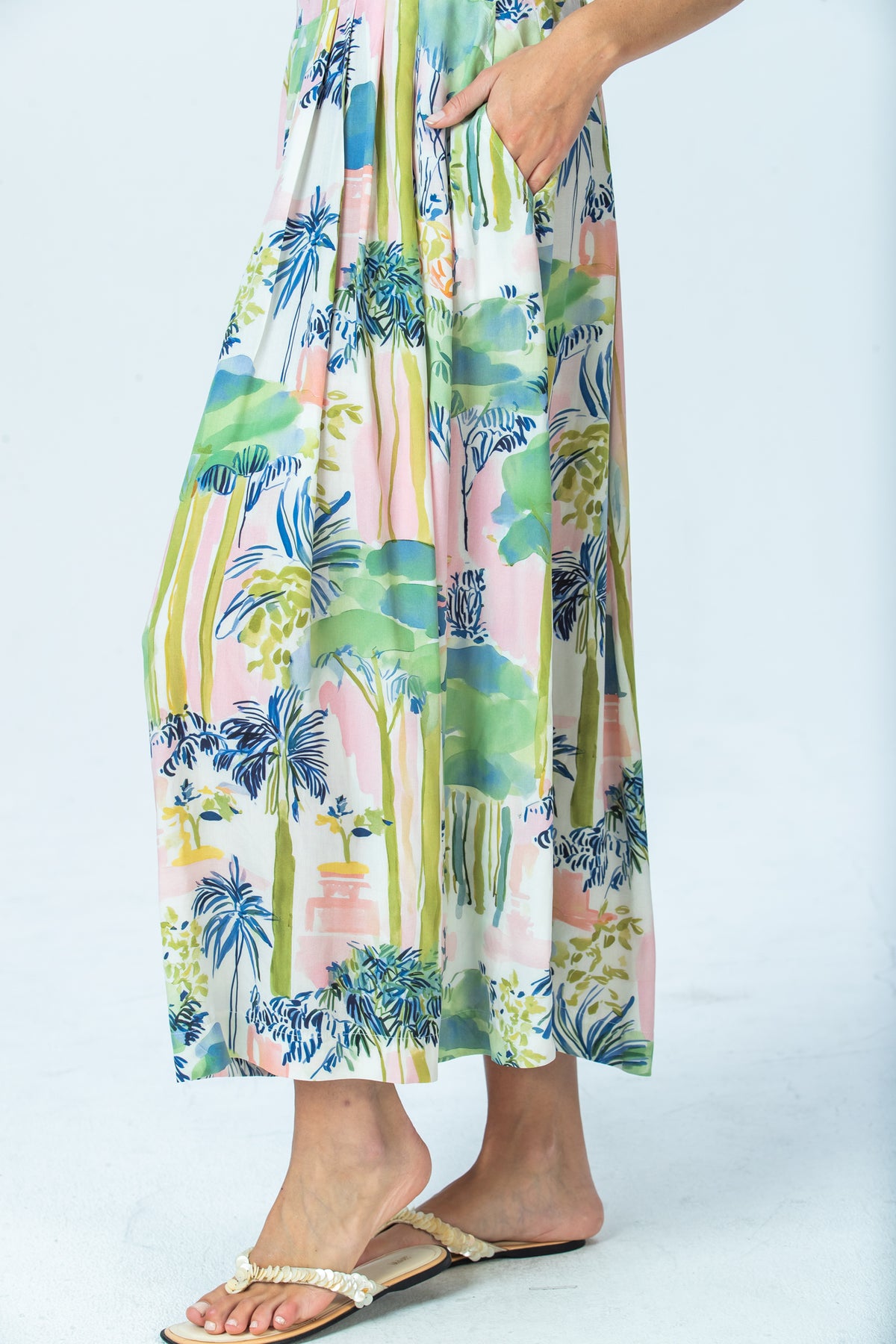 Sienna watercolour palm sundress, close up of skirt hem and pocket