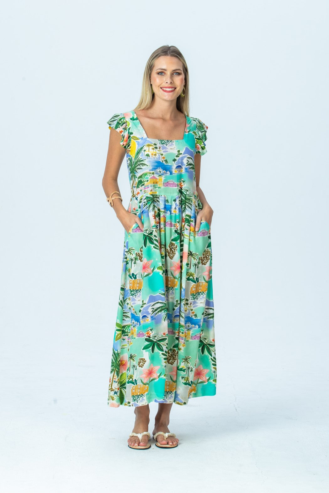 Sienna mint lemon sundress, front view full length with hands in pockets