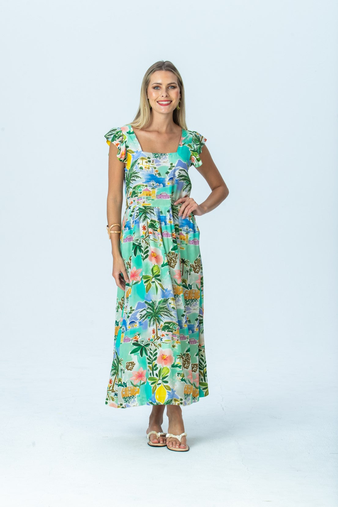 Sienna mint lemon sundress, front view full length with hand on hip