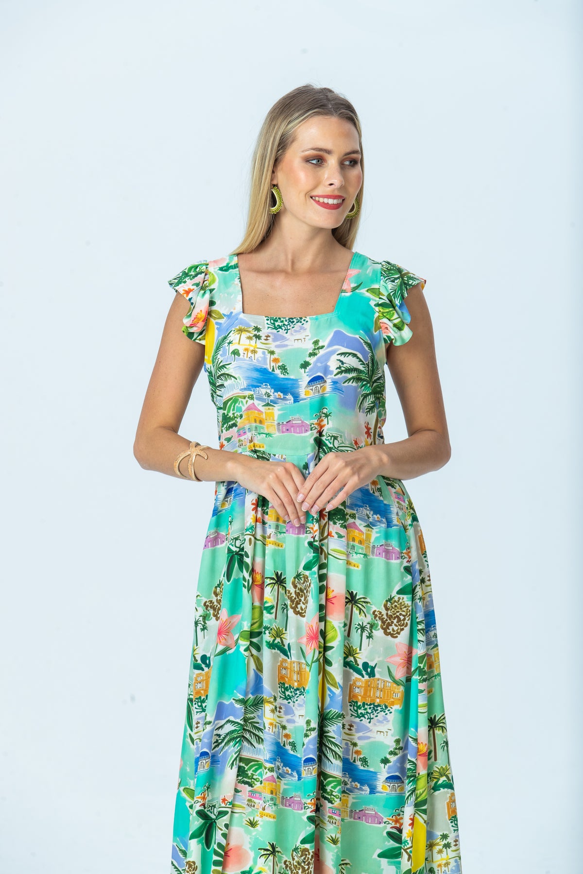 Sienna mint lemon sundress, front view with hands together
