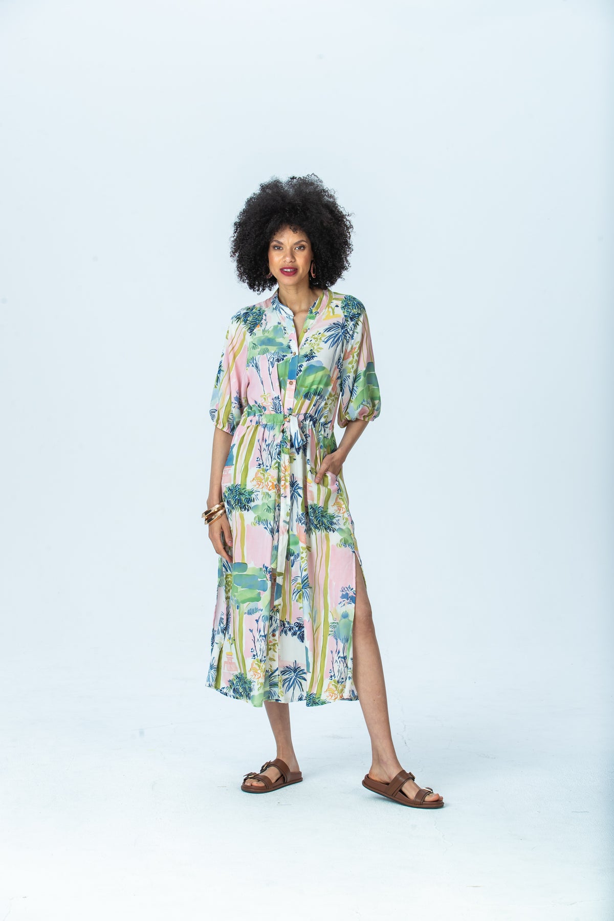 Shelby watercolour palm dress, front view full length showing side slit
