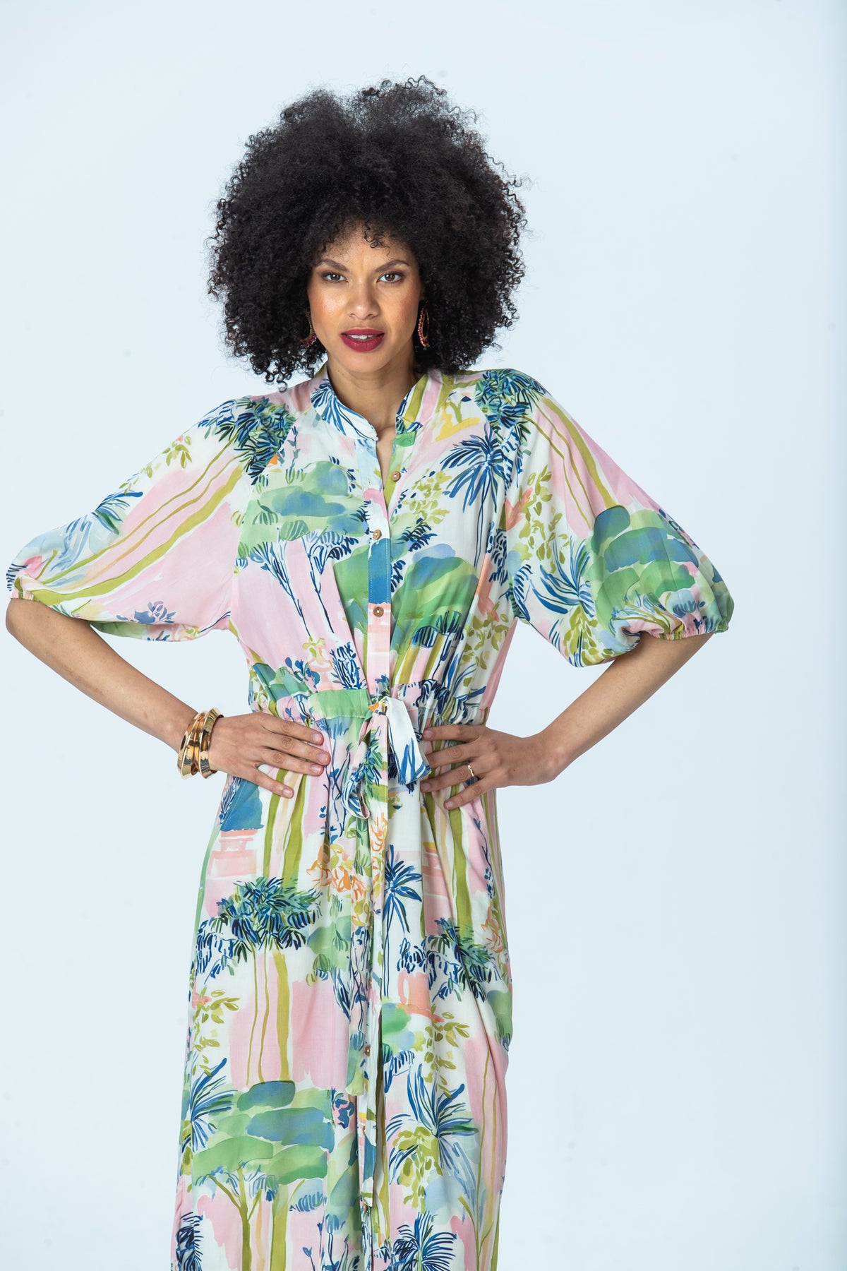 Shelby tie waist dress, front view with hands on hips