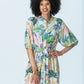 Shelby watercolour palm dress, front view with hand on hip