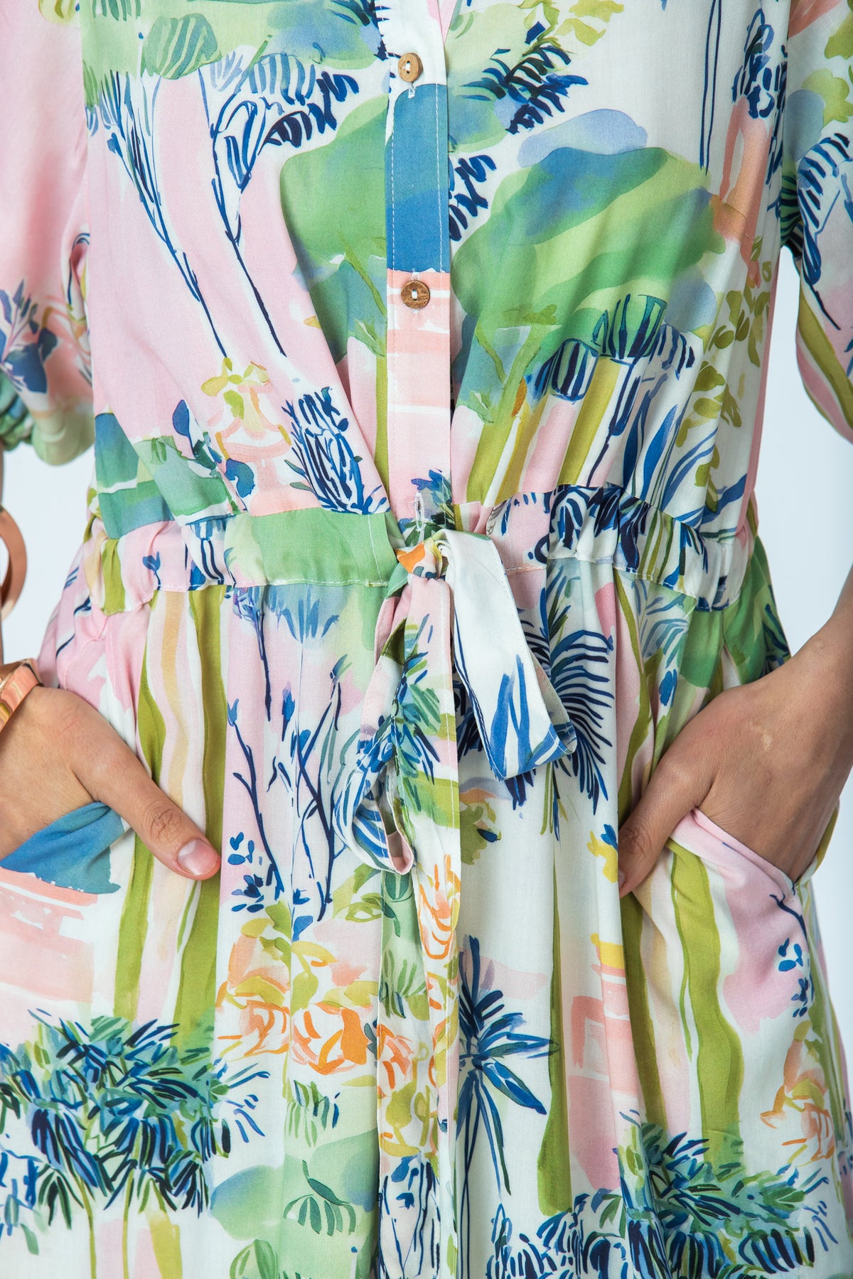 Shelby watercolour palm dress, close up of tie waist and pockets