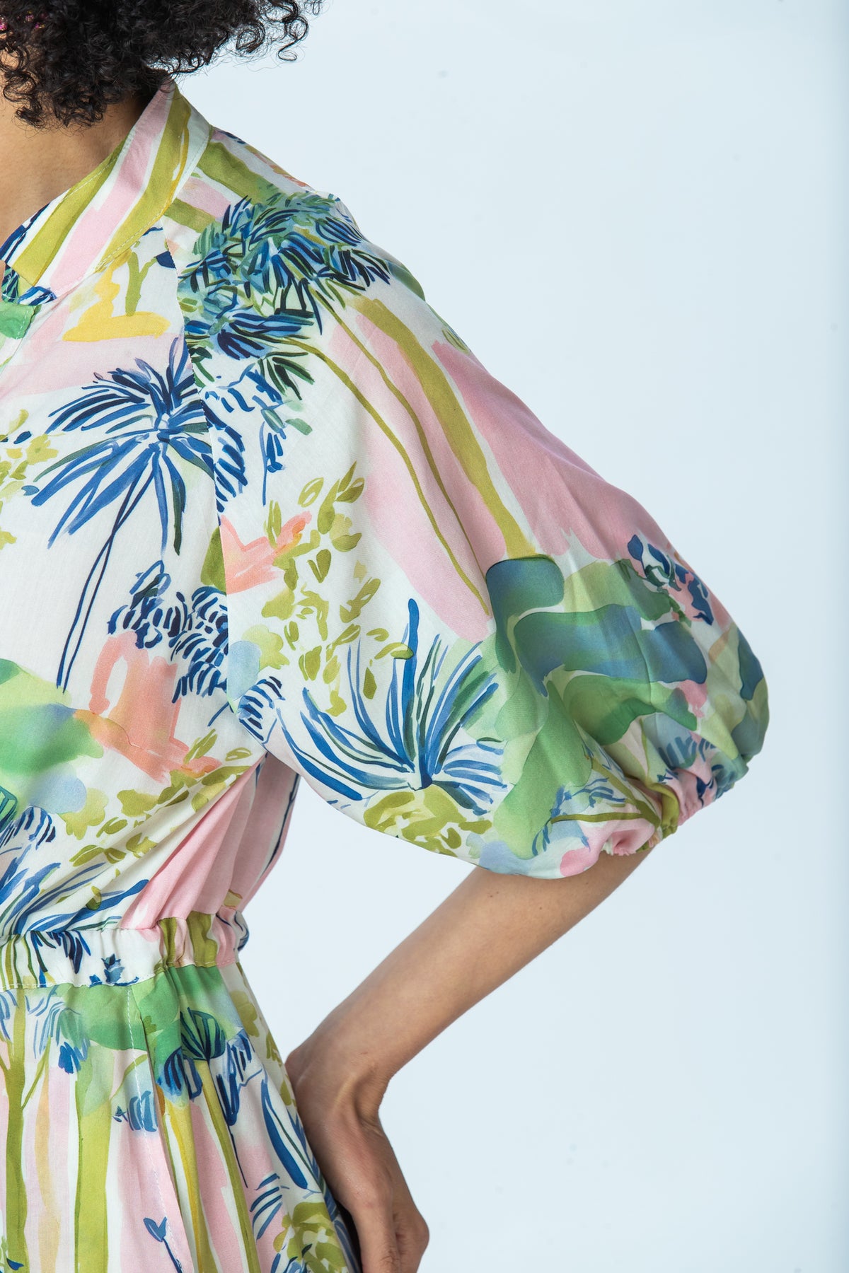 Shelby watercolour palm dress, close up of balloon sleeve and elasticated cuff