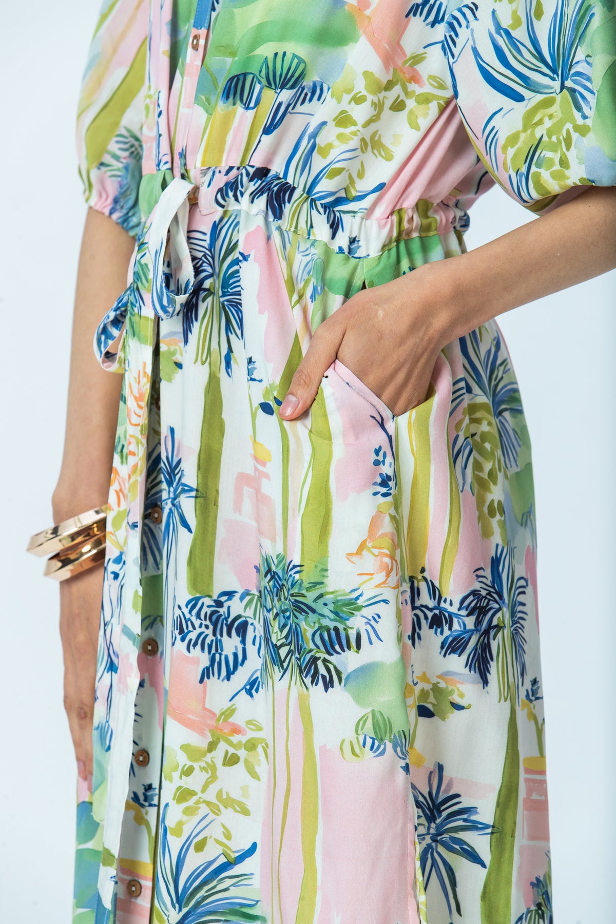Shelby watercolour palm dress, close up of tie belt and pocket