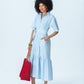Frankie blue stripe shirt dress, three-quarter view full length with hand in pocket