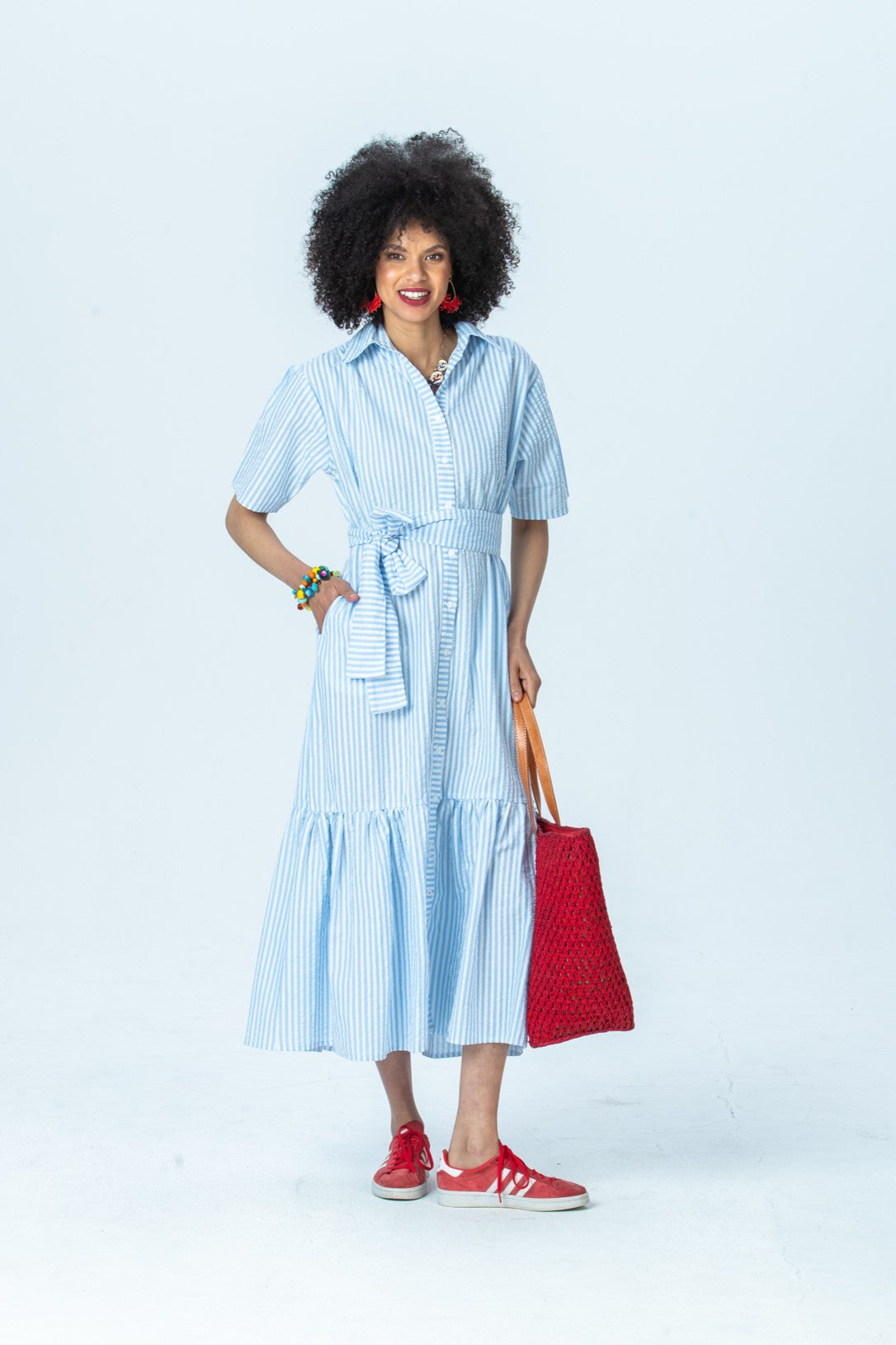 Frankie blue stripe shirt dress, front view full length with hand in pocket