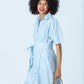 Frankie blue stripe shirt dress, three-quarter view looking to the side, belted