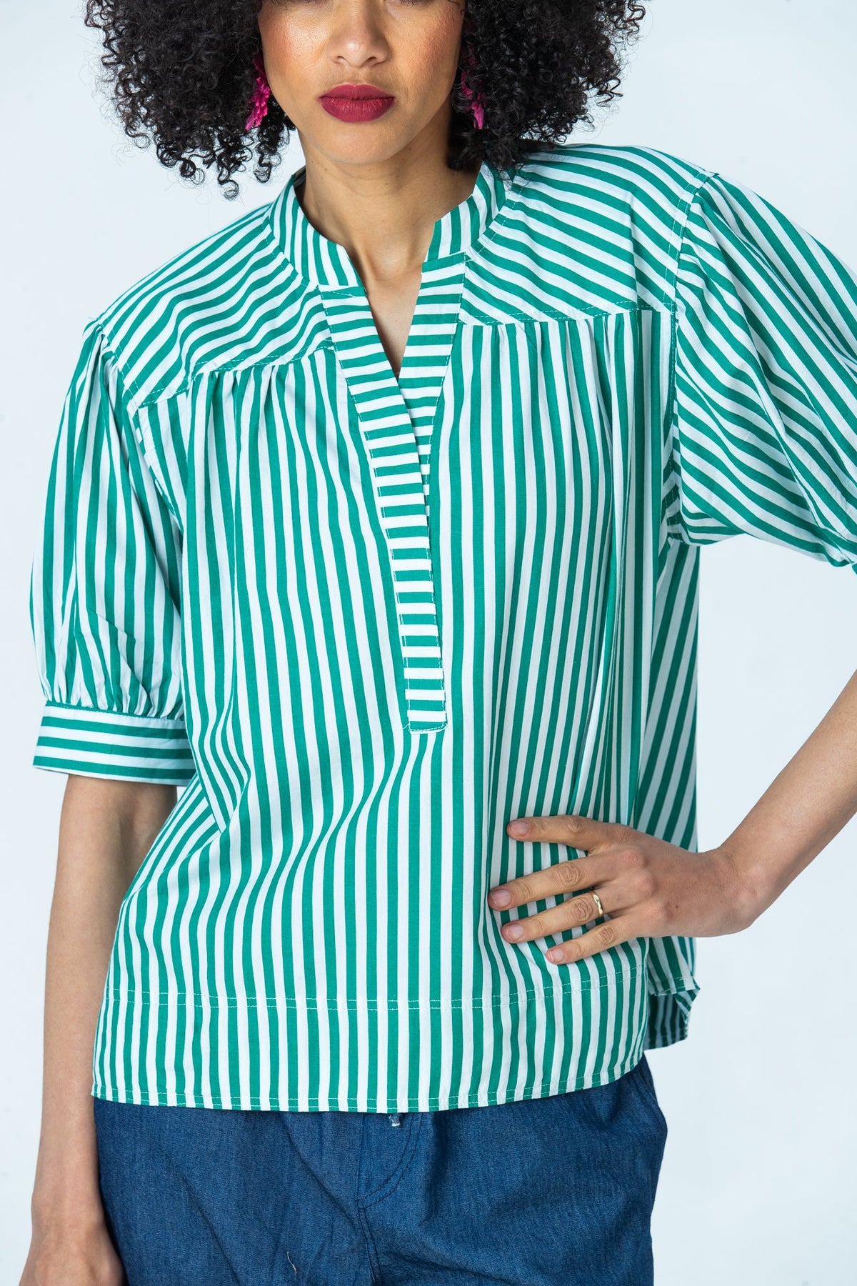 Tatum emerald stripe mandarin collar shirt, close up of collar, placket and gathered yoke