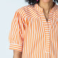 Tatum orange stripe mandarin collar shirt, close up of collar, placket and gathered sleeve