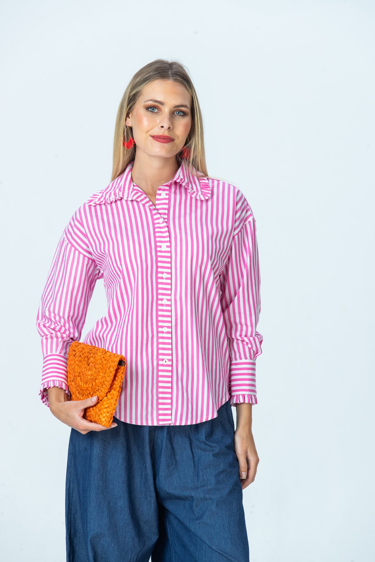 Claire frill shirt, front view showing frilled collar and cuffs